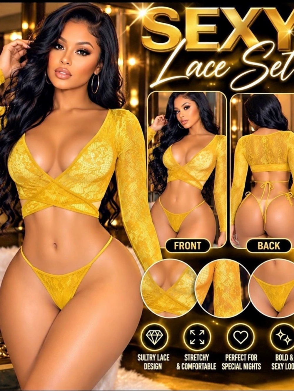 Leg Avenue Daisy Lace Wrap-Around Crop Top and Side Tie Panty Yellow